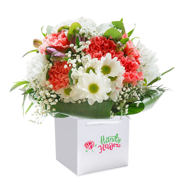 A luxurious bouquet composed of coral, peach, and deep red carnations takes centre stage within a stylish white gift bag-crafted for effortless delivery throughout Manor House. Each carnation, with its expressive ruffled petals, adds a layer of texture and lush depth, while vibrant white daisies with bright chartreuse centres offer a crisp visual lift, catching the soft natural light and energising the palette. Airy clusters of delicate baby's breath (gypsophila) float between the more prominent blooms, and a handful of closed buds edged with gentle purples nestle discreetly to the left, hinting at future blossoms and lending the arrangement a sense of graceful anticipation. Surrounding the central flowers, a cocoon of glossy, deep green leaves wraps the bouquet in a natural embrace, creating a subtle sense of fullness and vitality. The ensemble is formed into a classically rounded shape, every element placed with care by a local florist attuned to the pace and personality of Manor House streets, perhaps Turner Avenue or nearby Woodberry Down. Against a pure white background, the flowers' colours are striking, drawing attention to details like the plush texture of each carnation petal and the elegant sweep of the greenery. This bouquet, perfect for commemorating special days or simply sharing a moment of joy, is an invitation to celebrate life's beauty, delivered fresh and thoughtfully arranged for the Manor House community.