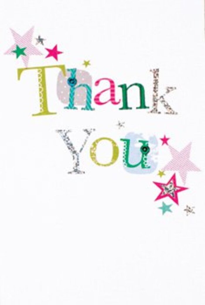 There's a subtle exuberance in the design of this thank you card, the kind of refined levity you might notice in a flower arrangement displayed by the windows of a Manor House terrace. Each hand-drawn letter radiates its own personality: some are whimsically scattered with polka dots, others curve with graceful confidence or glint with delicate silver touches. Stars in vivid pink stripes, deep turquoise, and sheer silver are clustered nearby, their playful arrangement lending an uplifting and modern touch, much like a well-balanced bouquet crafted by a Manor House florist. The clean white background gives the composition room to breathe, while those carefully placed stars bring a whisper of city stardust-evoking the creativity that thrives near Woodberry Down or the peaceful parks of Finsbury. The card's aesthetic strikes a note between sophistication and playfulness, its details universally inviting. It's easy to picture this card nestled next to a fresh floral arrangement from Manor House Florist, radiating gratitude as gracefully as the first wildflowers of spring delivered on Seven Sisters Road-a heartfelt gift for any cherished friend or neighbour.