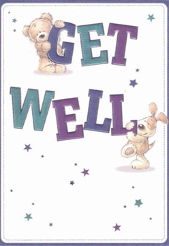 This delightful get well card transports you to a scene brimming with comfort and gentle optimism, echoing the friendly neighbourhoods around Manor House. At its heart, a cuddly teddy bear perches atop the bold letters forming 'GET', his paws draped lovingly over the text, while a lively, loyal puppy nestles against the word 'WELL' below. Their rounded forms and expressive faces radiate affection and a quiet hopefulness, with rich purples and teals in the lettering lending vibrancy that's both soothing and cheerful-much like the carefully chosen blooms in one of our hand-tied arrangements sent across the local area. Dotted around the central scene, playful stars shimmer in shades of blue and violet, suggesting the magic and possibility of recovery, the same kind of hope we nurture in every bouquet arranged at Manor House Florist. The pure white background evokes a feeling of clarity and a fresh start, essential qualities when sharing a gesture of kindness with someone in need. Every illustrated detail appears thoughtfully placed, inspiring the same reassurance as a hand-delivered bouquet arriving at a Manor House doorstep.